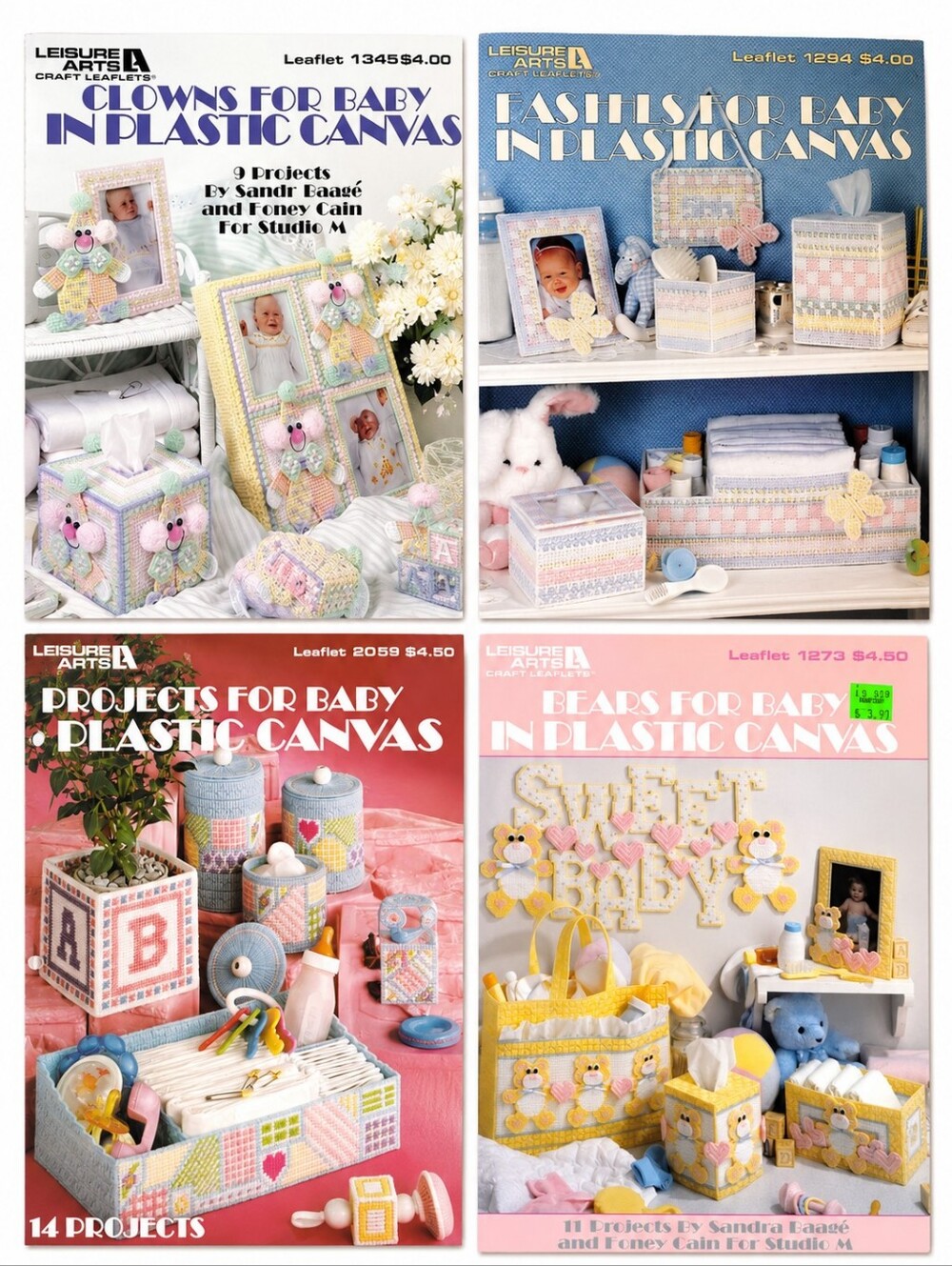 Leisure Arts Lot Of 4 Baby Themed Plastic Canvas Pattern Booklets-Bears, Clowns+